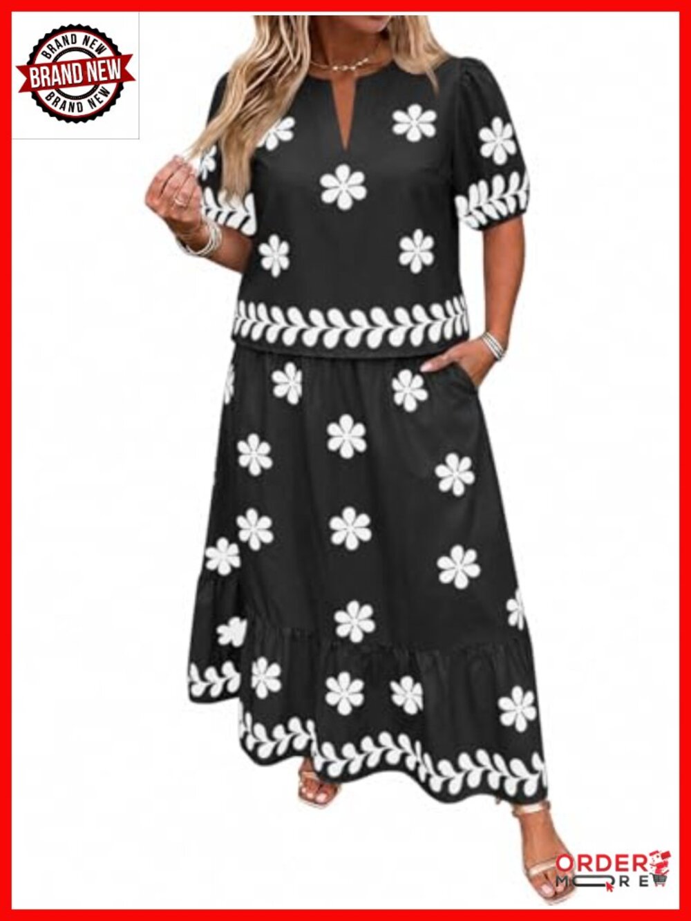 Plus Size 2 Piece Floral Puff Sleeve Top & A Line Maxi Skirt Set